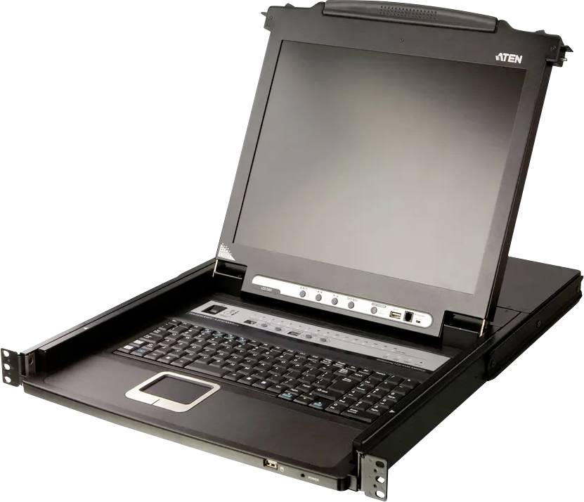 Ein rack-montierbares, faltbares Computerkonsole mit integrierter Tastatur und Bildschirm, entwickelt für das Servermanagement in Rechenzentren.