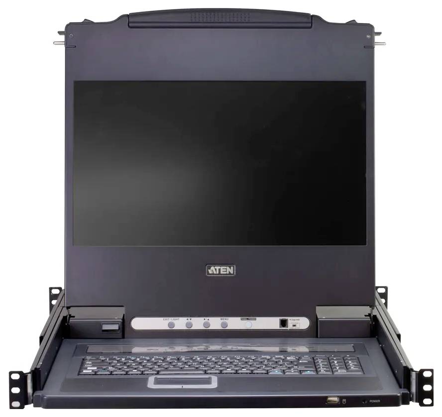 Eine Rack-Mount-KVM-Konsole mit geöffnetem LCD-Bildschirm und Tastatur.