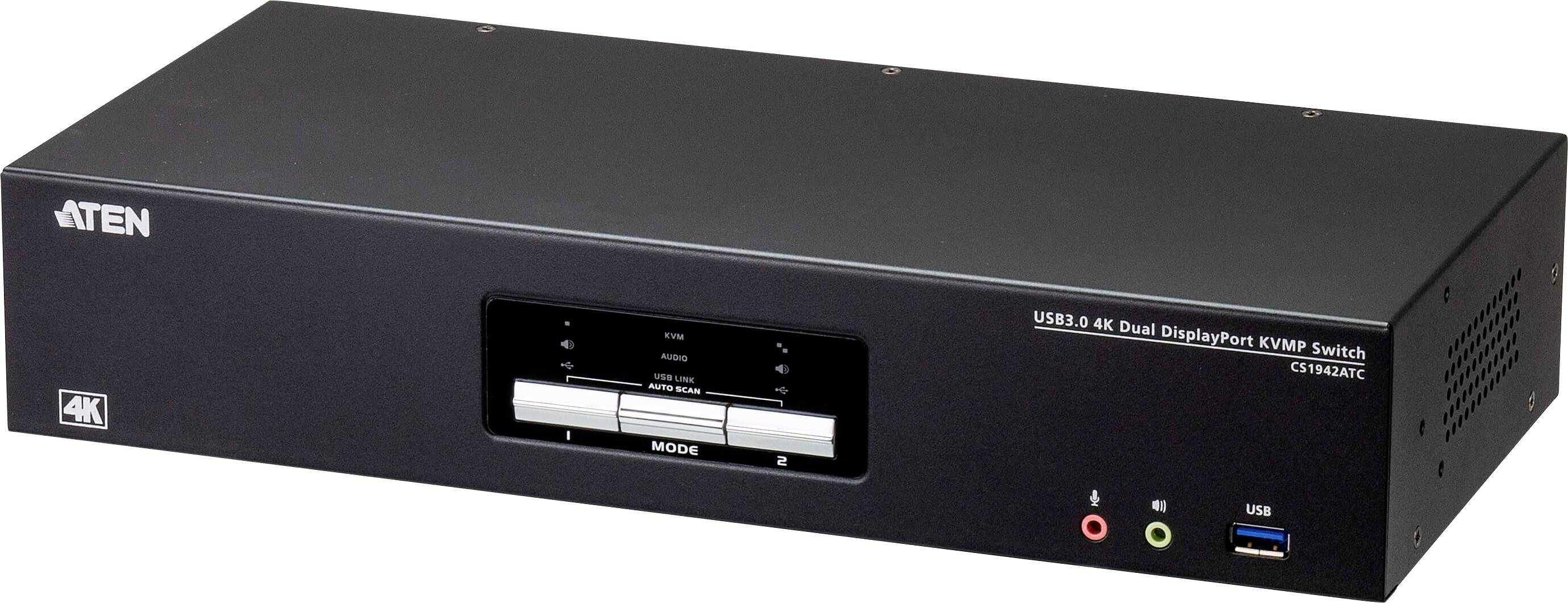 Aten USB 4K Dual DisplayPort KVM-Switch, Modell CS1924M, mit Anschlüssen für Headsets, mehrere Monitore, USB-3.0-Geräte und 4K-Videounterstützung.