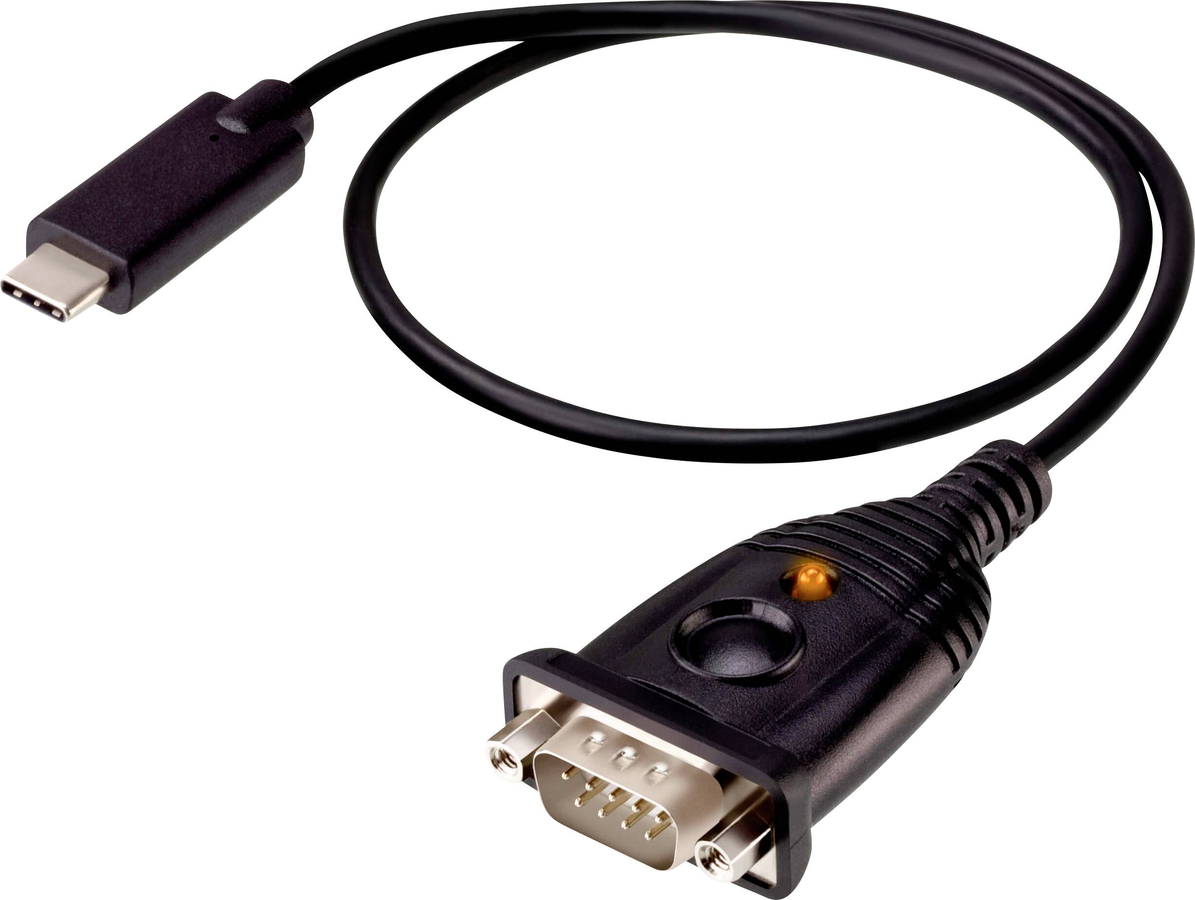 Ein schwarzes Kabel mit einem USB-C-Anschluss auf der einen Seite und einem 9-poligen Seriellen Anschluss auf der anderen Seite, das zur Verbindung von Geräten mit Computern verwendet wird.