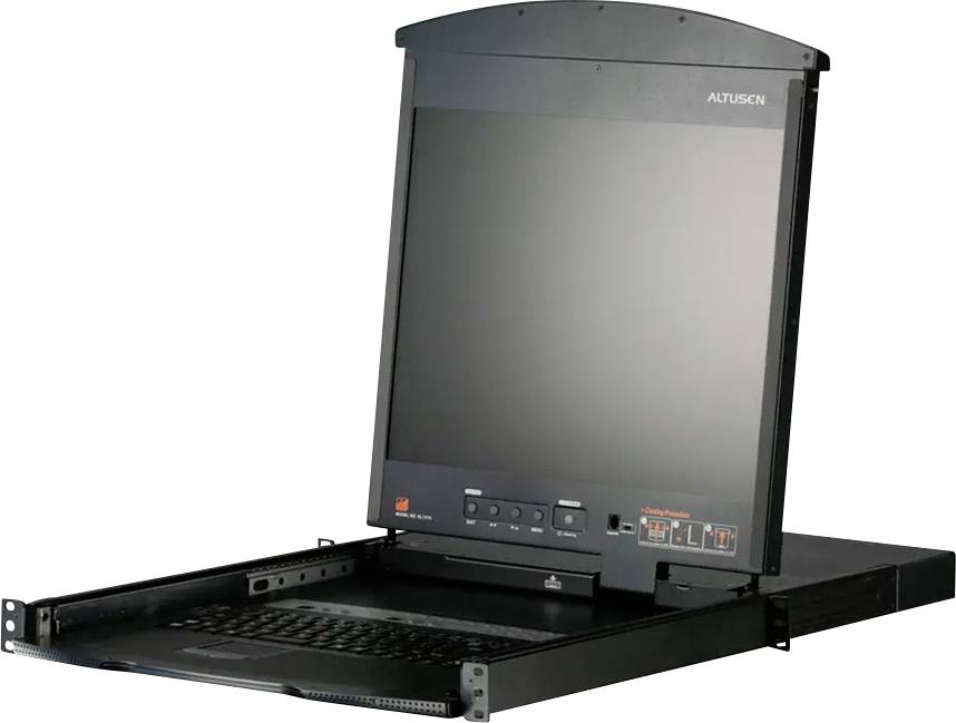 Eine Rack-montierte Konsole mit einem hochklappbaren Monitor und integrierter Tastatur, die zur Verwaltung von Netzwerkservern in Rechenzentren verwendet wird.
