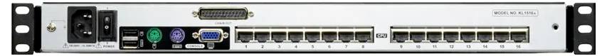 Rückansicht eines Rack-Geräts mit Stromeingang, Anschlüssen und beschrifteten Schaltern, entwickelt für Netzwerkverbindungen.