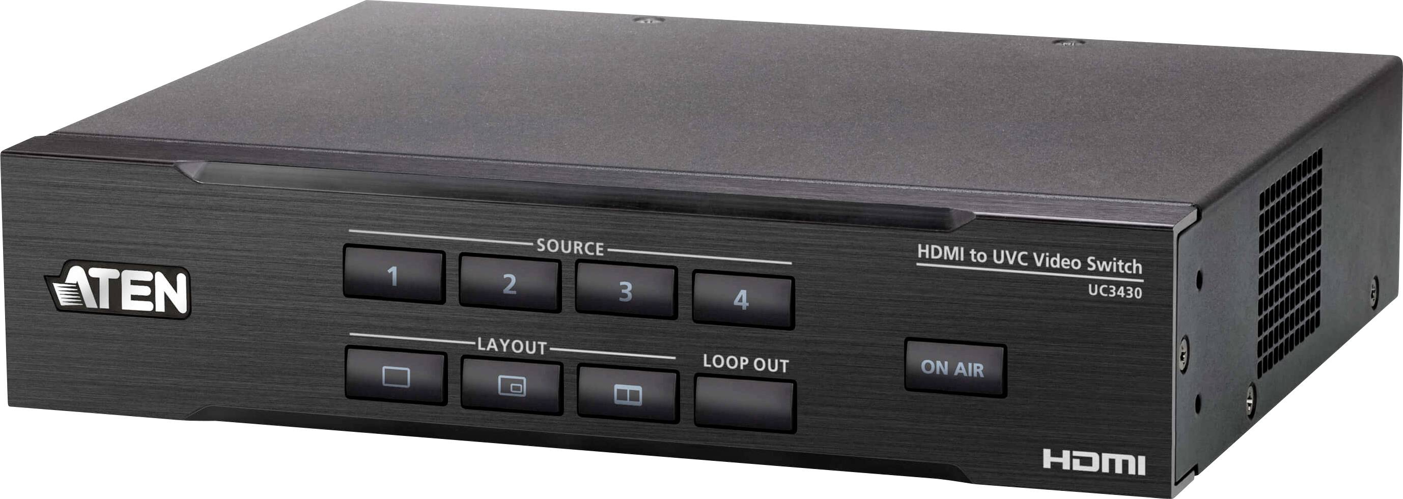 Ein schwarzer HDMI zu UVC Video-Switch mit Tasten zur Quellauswahl, Layout und Loop-Out. Der Markenname und das Modell 'UC3410' sind sichtbar.