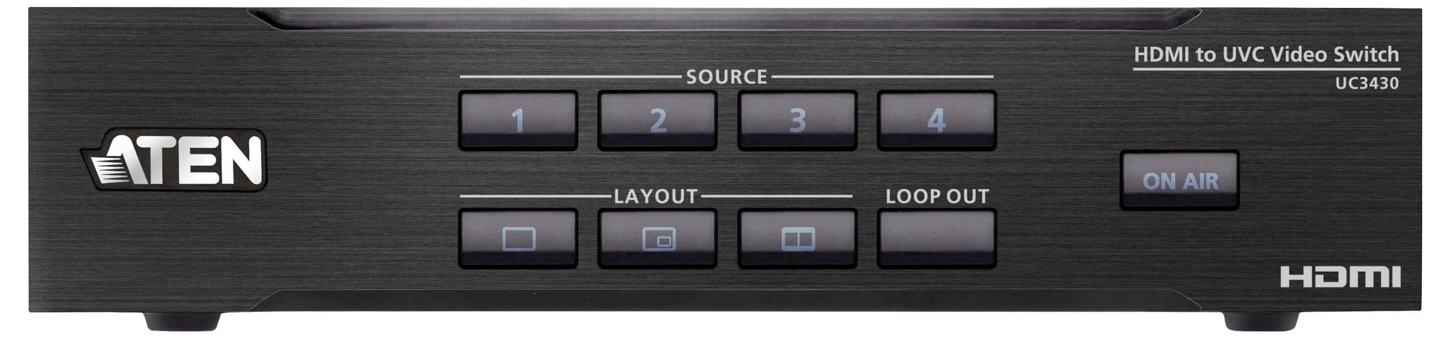 Frontansicht eines Aten HDMI zu UVC Videoschalters mit Tasten, die mit 'Quelle 1-4', 'Layout', 'Loop Out' beschriftet sind und einer 'On Air' Anzeige.
