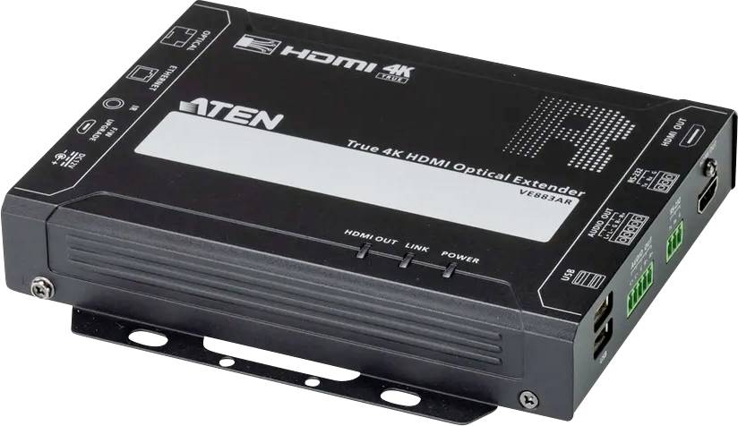 'ATEN True 4K HDMI Optischer Extender VE882AR' schwarzes Gerät mit mehreren Anschlüssen und Anzeigen, das zur Verlängerung von HDMI-Signalen über große Entfernungen verwendet wird.