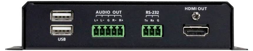Ein schwarzes Gerät mit USB-Anschlüssen, Audio-Ausgängen, RS-232-Anschlüssen und einem HDMI-Ausgang, das zum Anschluss verschiedener Peripheriegeräte verwendet wird.