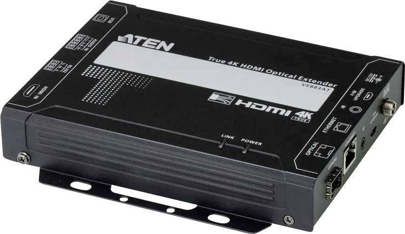 Schwarzer Aten True 4K HDMI-Optischer Extender mit verschiedenen Anschlüssen und beschrifteten Indikatoren auf seiner Oberfläche.