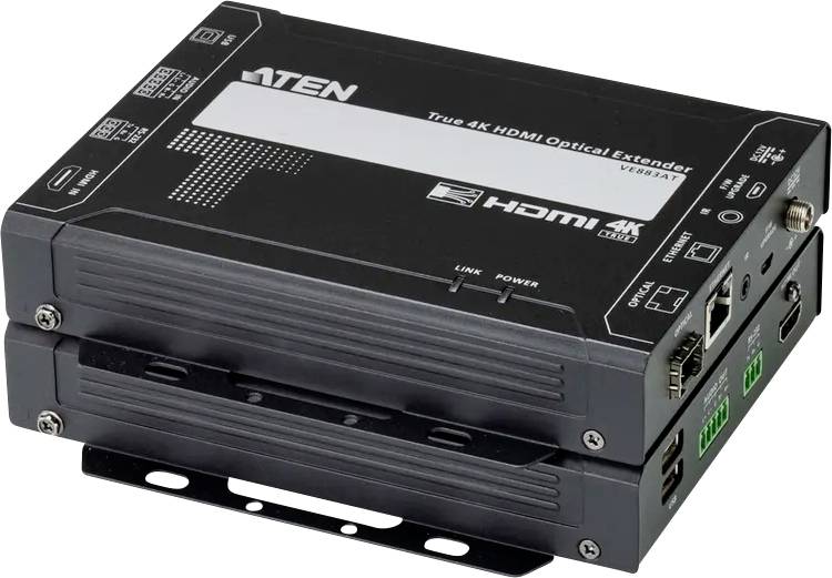 Ein schwarzer ATEN True 4K HDMI Optischer Extender mit Anschlüssen und Indikatorlichtern an der Seite, entwickelt zum Erweitern von HDMI-Signalen.