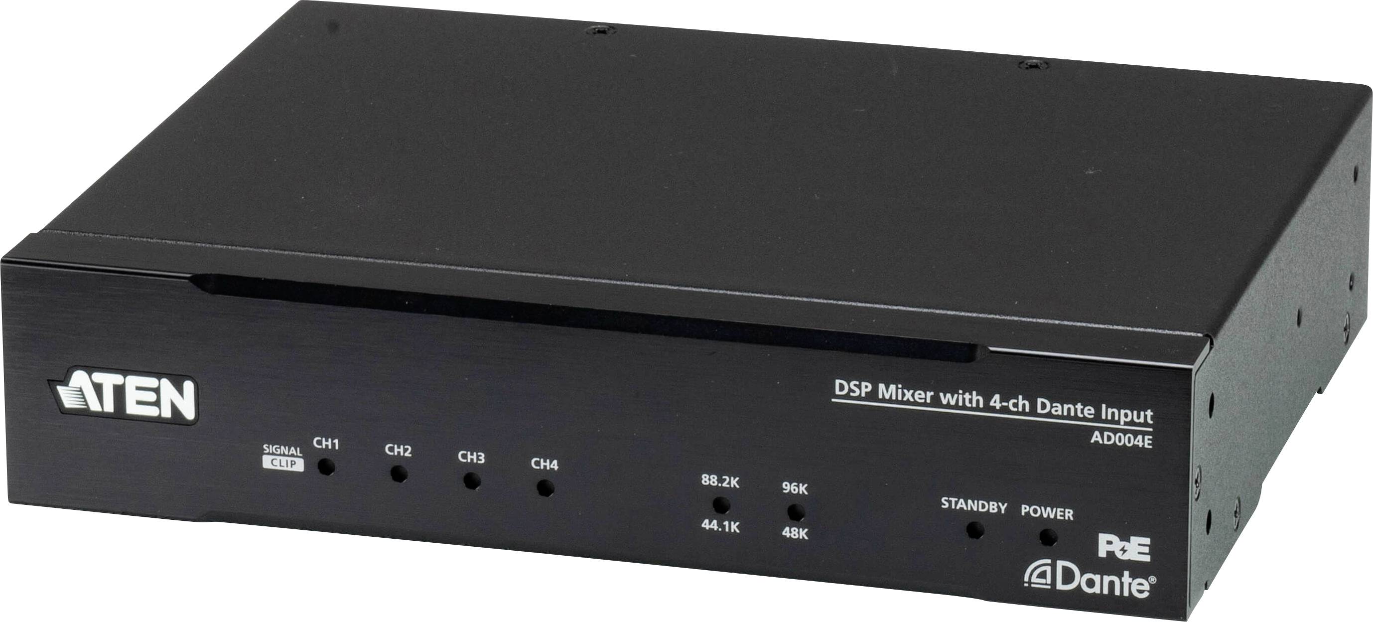 DSP-Mixer mit 4-Kanal Dante-Eingang, Modell AD004E von ATEN, mit Anzeigen für Kanäle, Standby, Netzschalter, Signal und Frequenz.