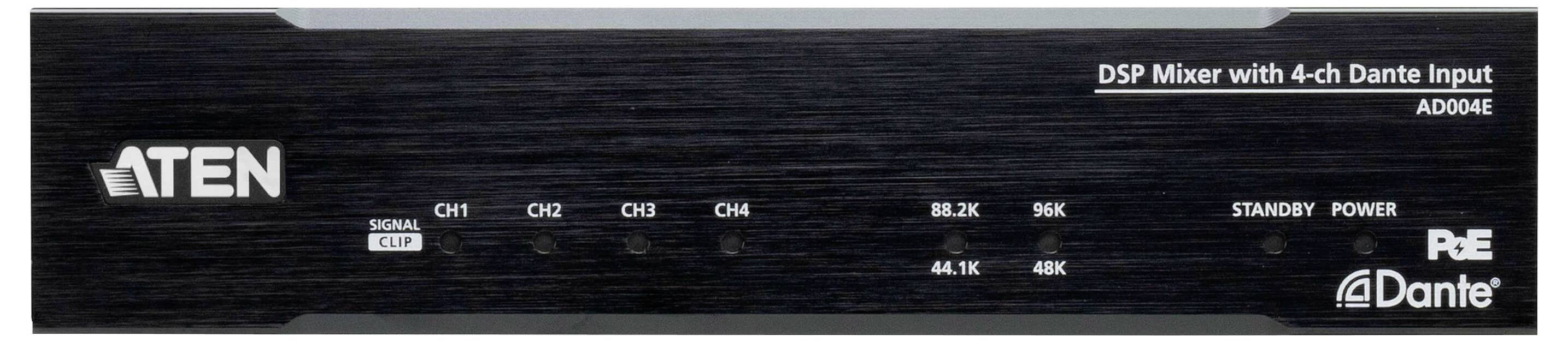Frontansicht des ATEN ADomE DSP-Mixers mit verschiedenen Kontrollanzeigelementen wie Signal, Clip, Kanäle, Abtastraten, Standby und Stromversorgung.