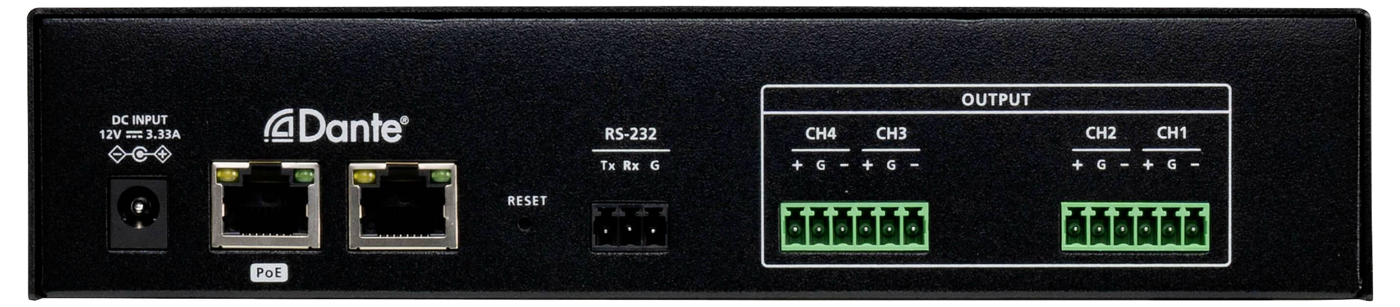 Eine schwarze Audioschnittstelle mit dem 'Dante'-Logo, die verschiedene Anschlüsse wie Ethernet, RS-232 und Ausgabekanäle von CH1 bis CH4 zeigt.