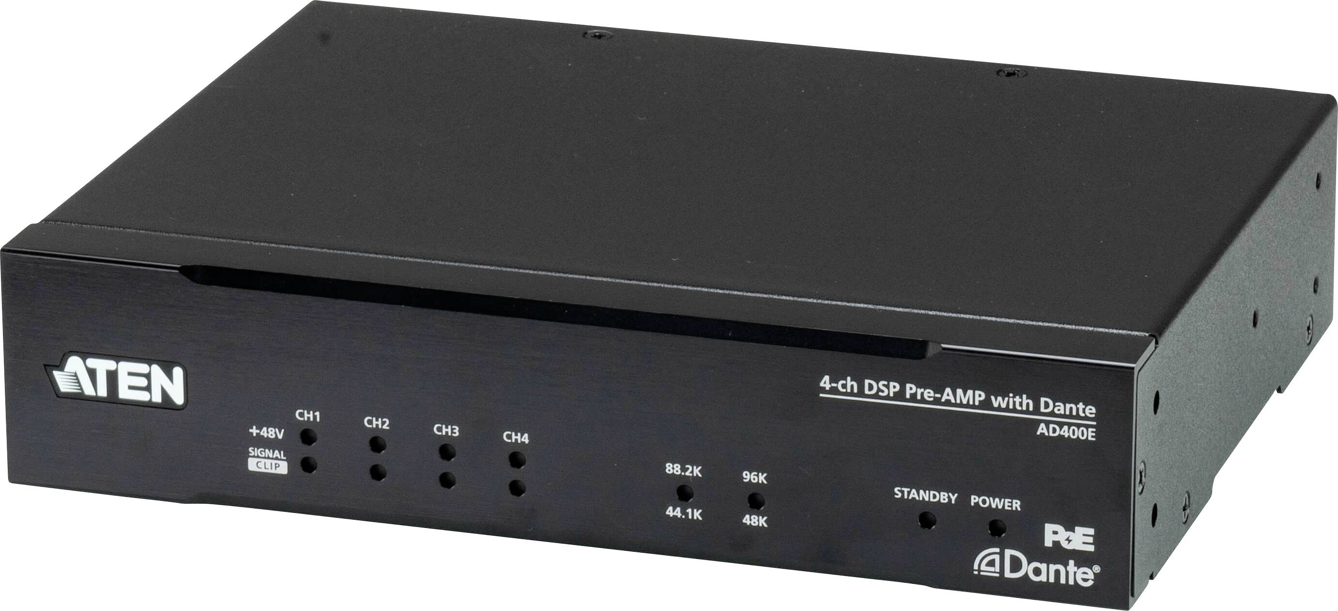 'Aten 4-Kanal DSP Vorverstärker mit Dante AD-AO00E' mit Anzeigen für vier Kanäle und Frequenzoptionen (88,2 kHz, 96 kHz, 44,1 kHz, 48 kHz).