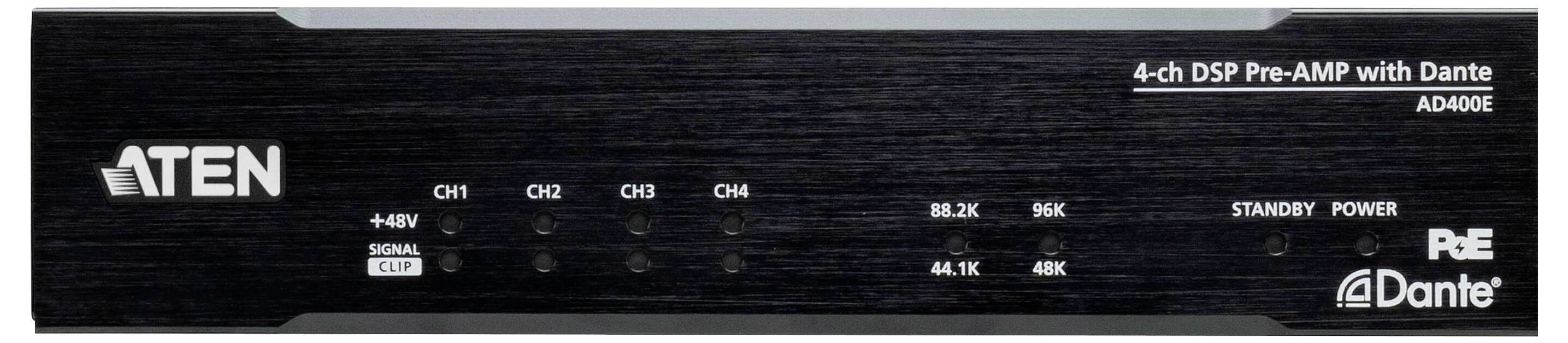 Frontansicht des ATEN 4-Kanal DSP Pro-AMP mit Dante, Modell ADASPE. Merkmale umfassen Kanalindikatoranzeigen sowie Betriebs- und Standby-Leuchten.