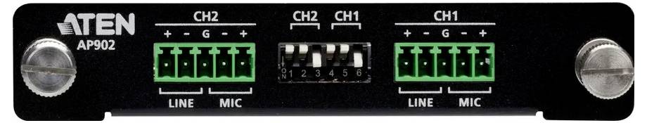 'ATEN AP902' Audioplatte mit zwei Kanälen, gekennzeichnet als CH2 und CH1, mit grünen Anschlüssen für Line- und Mikrofoneing​änge.
