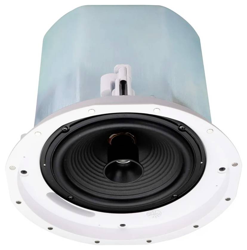 Bild eines Deckenlautsprechers mit kreisförmigem Design und schwarzer Membran, verwendet für Audioinstallationen, mit weißem Montagebügel.