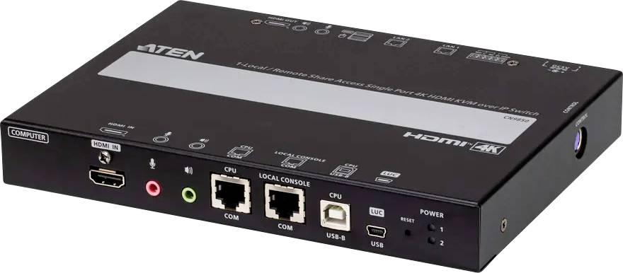 Ein schwarzes elektronisches Gerät mit verschiedenen Anschlüssen wie HDMI, USB und Ethernet, mit dem Etikett 'ATEN', das für Video- und Datenverbindungen verwendet wird.