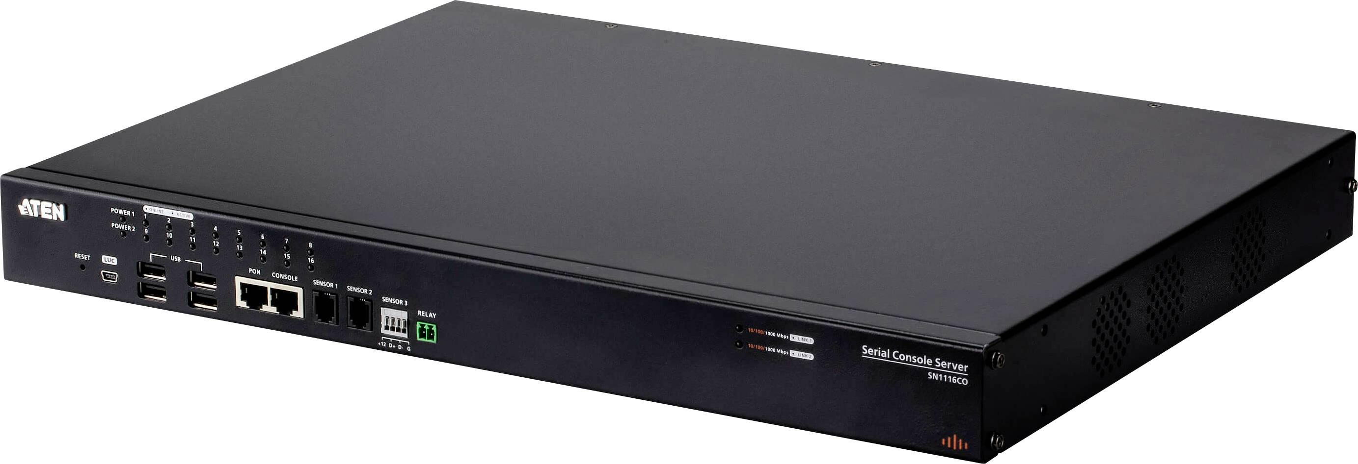 Schwarzer ATEN SN3001 Rack-Mount-Serielle-Konsolen-Server mit Frontpanel-Anschlüssen und Statusindikatoren für Netzwerkverbindung.