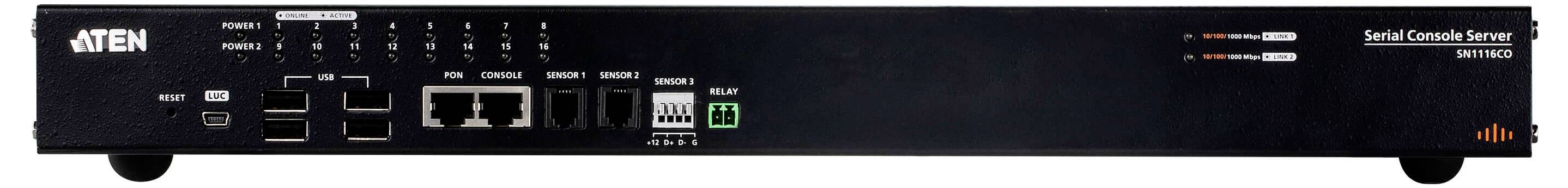 Aten-Serialkonsolen-Server mit mehreren Ports und Anzeigelampen auf der Frontplatte, verwendet zur Verwaltung und Verbindung von Netzwerkgeräten.