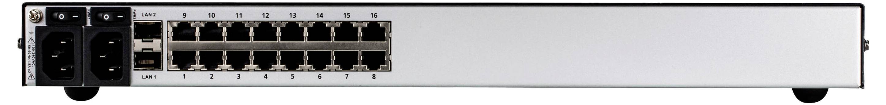 Das Bild zeigt die Rückansicht eines Netzwerk-Switches mit 24 Ethernet-Ports und zwei Stromsteckdosen auf der linken Seite.