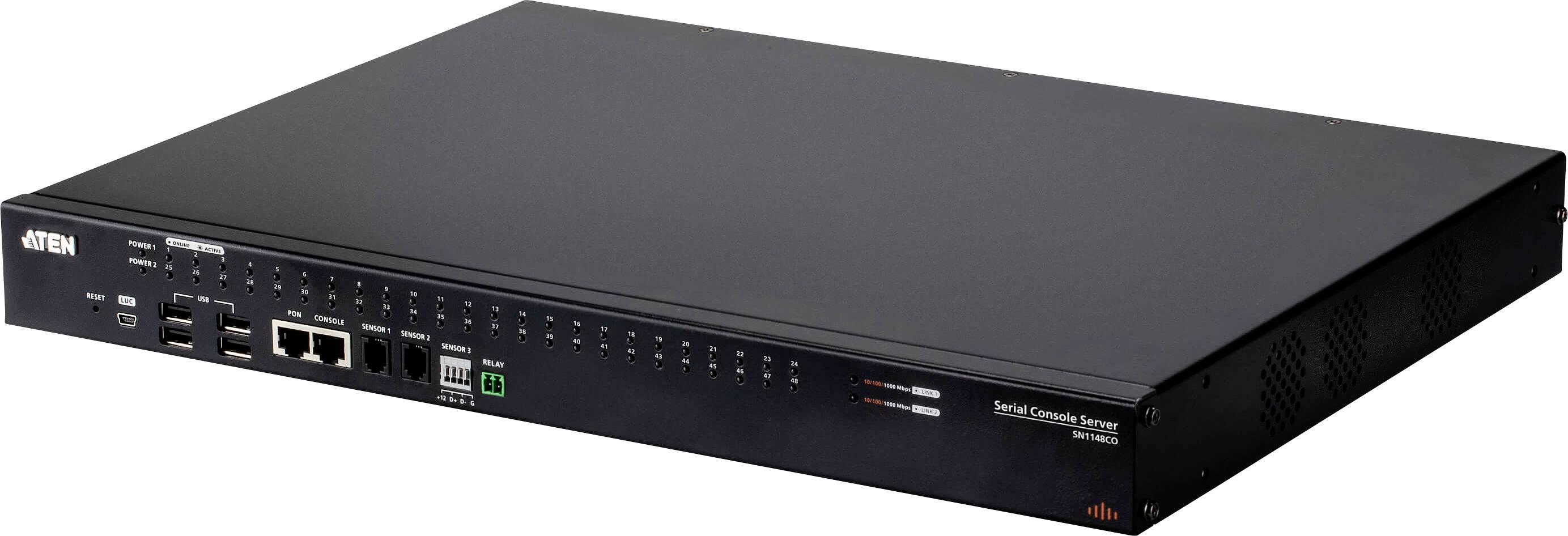 Ein schwarzer Netzwerk-Switch mit mehreren Ethernet-Ports und Indikatorleuchten am Frontpanel, versehen mit dem Markennamen Aten.