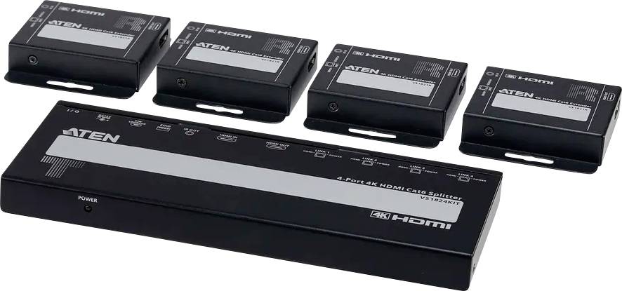 4-Port 4K HDMI-Verteiler der Marke 'ATEN' mit vier schwarzen Empfängerboxen.