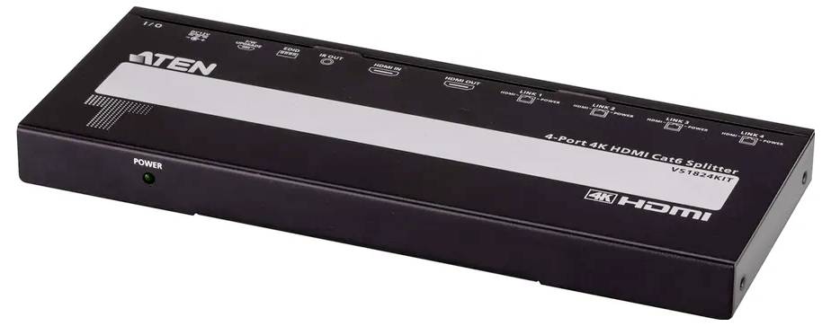 ATEN 4-Port 4K HDMI Splitter, Modell VS184B, in Schwarz. Ausgestattet mit Ein- und Ausgangsbeschriftungen, Netzteil-Kontrollleuchte auf der linken Seite.