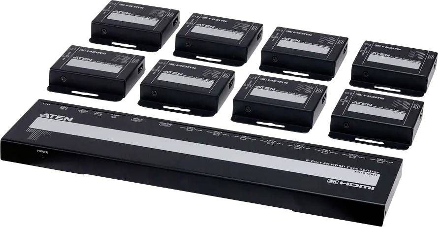 8-Port HDMI-Verteiler von Aten mit acht kleinen Empfängereinheiten, die zur Erweiterung von HDMI-Signalen über ein Netzwerk verwendet werden. Jede Einheit ist beschriftet.