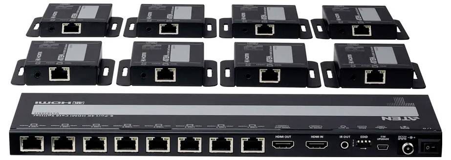 'ATEN' 8-Port HDMI-Verteiler über Cat 5 mit 8 Empfängern. Ermöglicht die Verbindung einer HDMI-Quelle mit bis zu acht Displays über Cat 5-Kabel.