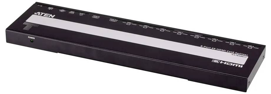 Ein schwarzer KVM-Switch mit mehreren Anschlüssen, mit dem Etikett 'ATEN', entwickelt zur Verwaltung mehrerer Computer über eine einzige Konsole.