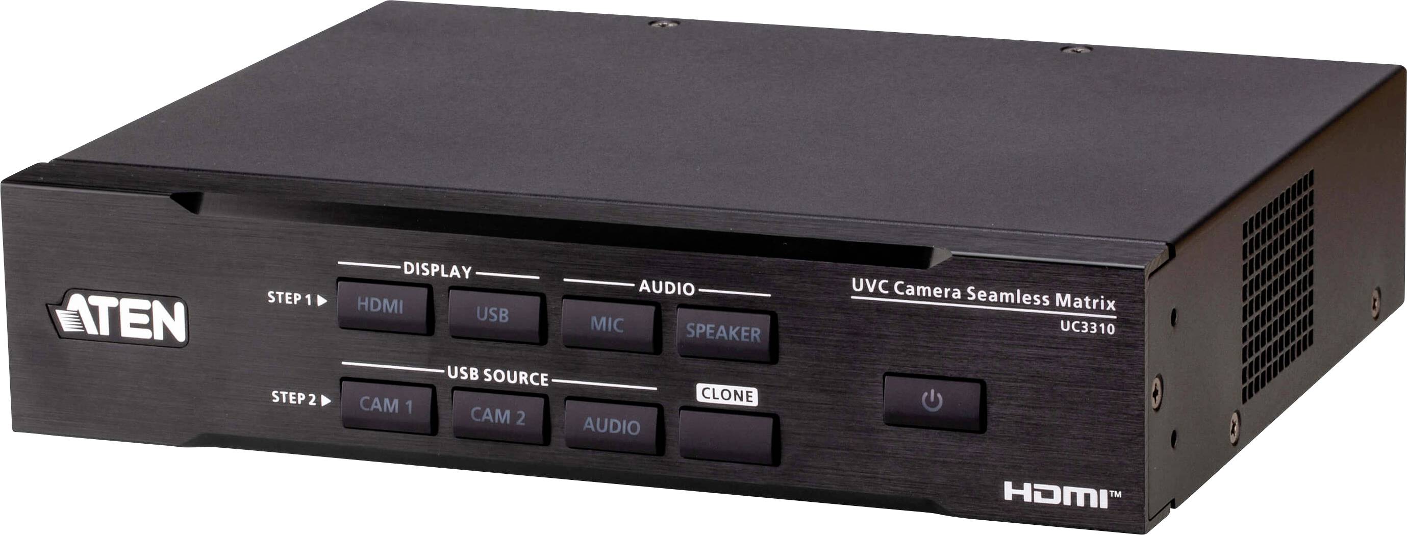 'ATEN UVC Kamera Nahtlose Matrix UC1110' Gerät mit Tasten für Display- und Audioauswahl, HDMI- und USB-Eingangsoptionen, in schwarzem Gehäuse.