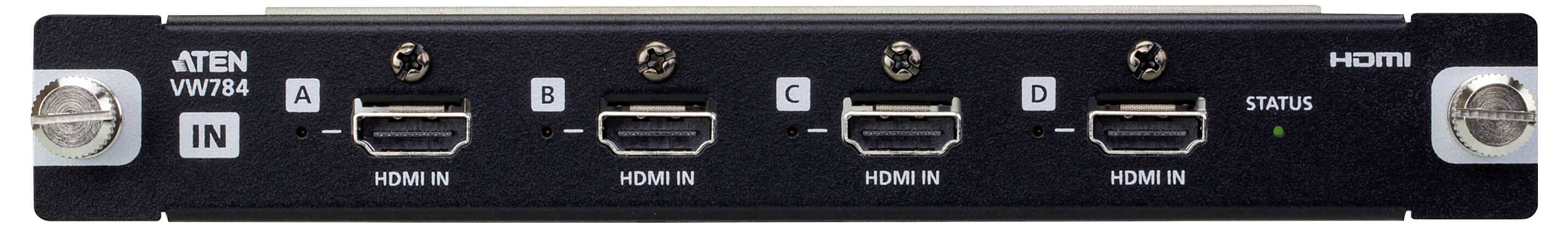 ATEN VM7824 HDMI-Eingangskarte mit vier HDMI-Anschlüssen, gekennzeichnet mit A, B, C, D, und Statusanzeige, entwickelt für die Integration in AV-Matrixschalter.