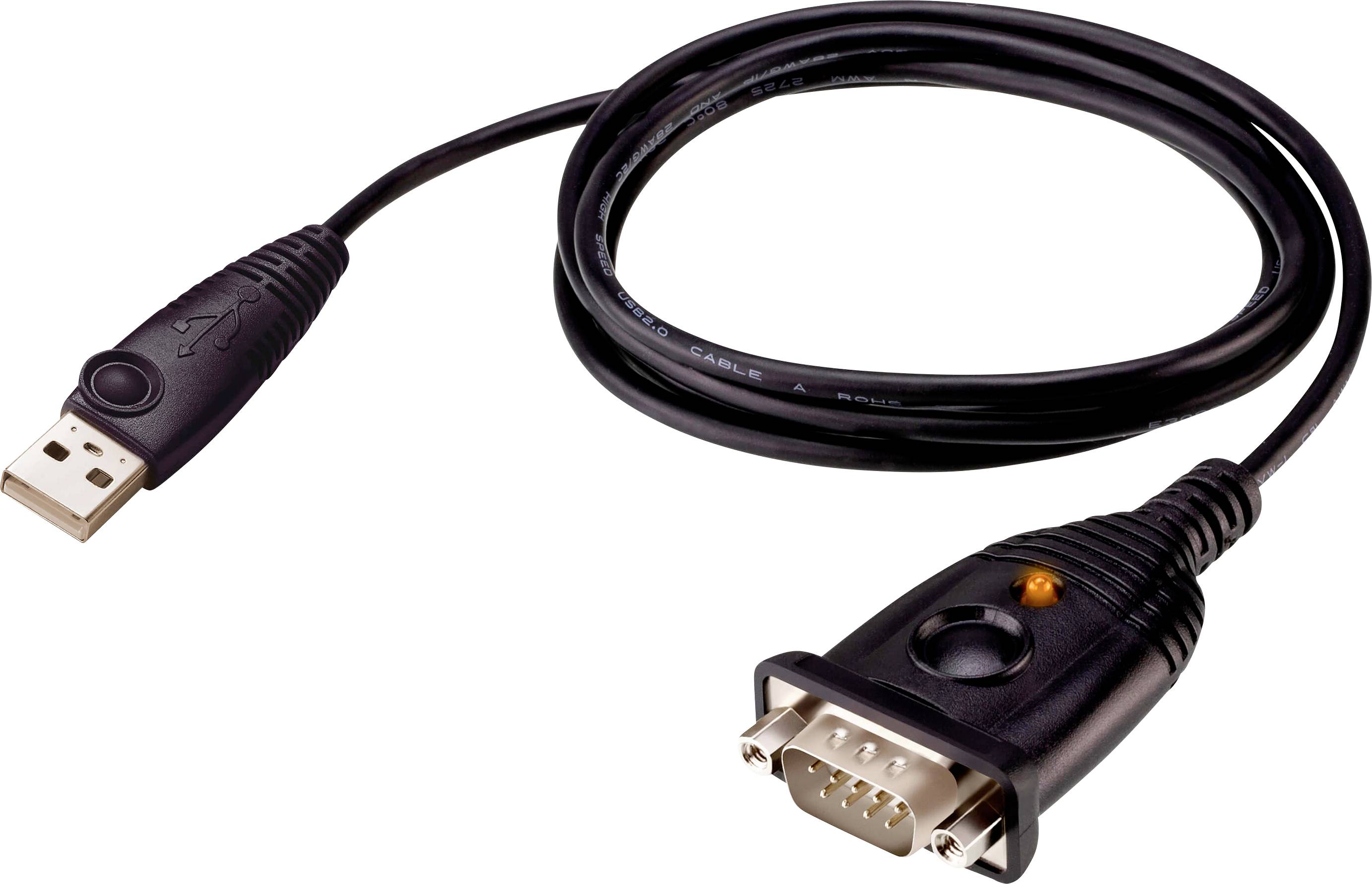USB-zu-RS232-Adapterkabel mit einem USB-Anschluss auf der einen und einem 9-poligen seriellen Anschluss auf der anderen Seite. Verwendet zum Anschluss von Geräten.