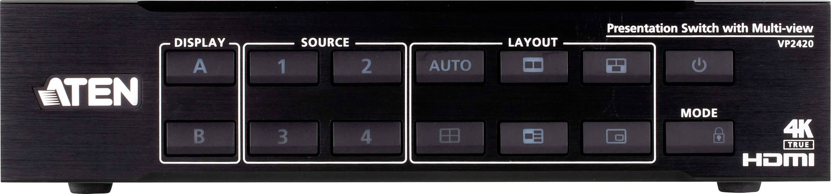 VP420 Präsentationsschalter mit Tasten für Anzeige, Quelle, Layout und Modus-Optionen. Unterstützt 4K und HDMI.