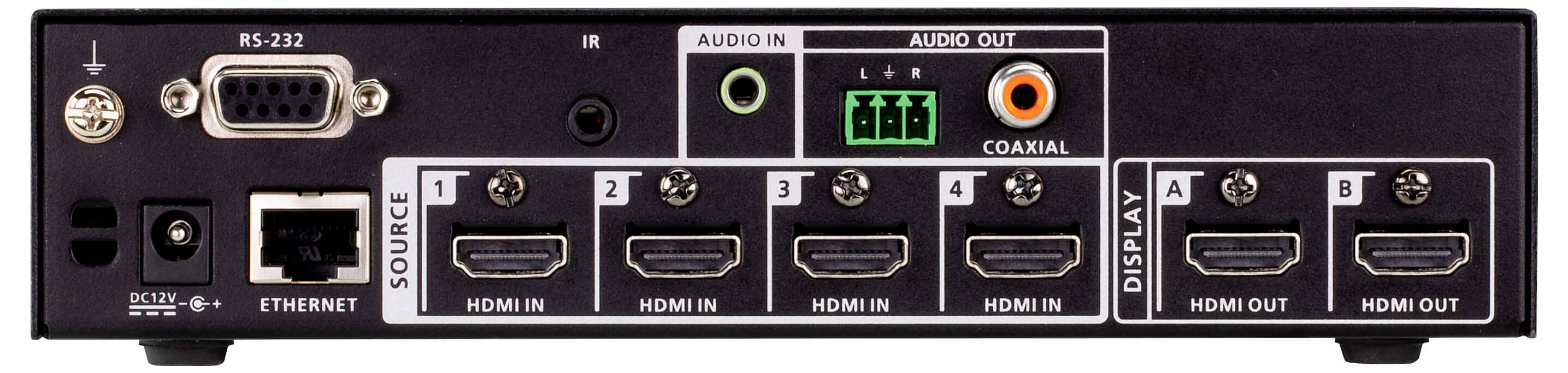 Rückseite eines Audio-Video-Prozessors mit Anschlüssen: RS-232, IR, Audio-Ein-/Ausgang, Koaxial sowie mehrere HDMI-Eingänge und -Ausgänge für Displays.