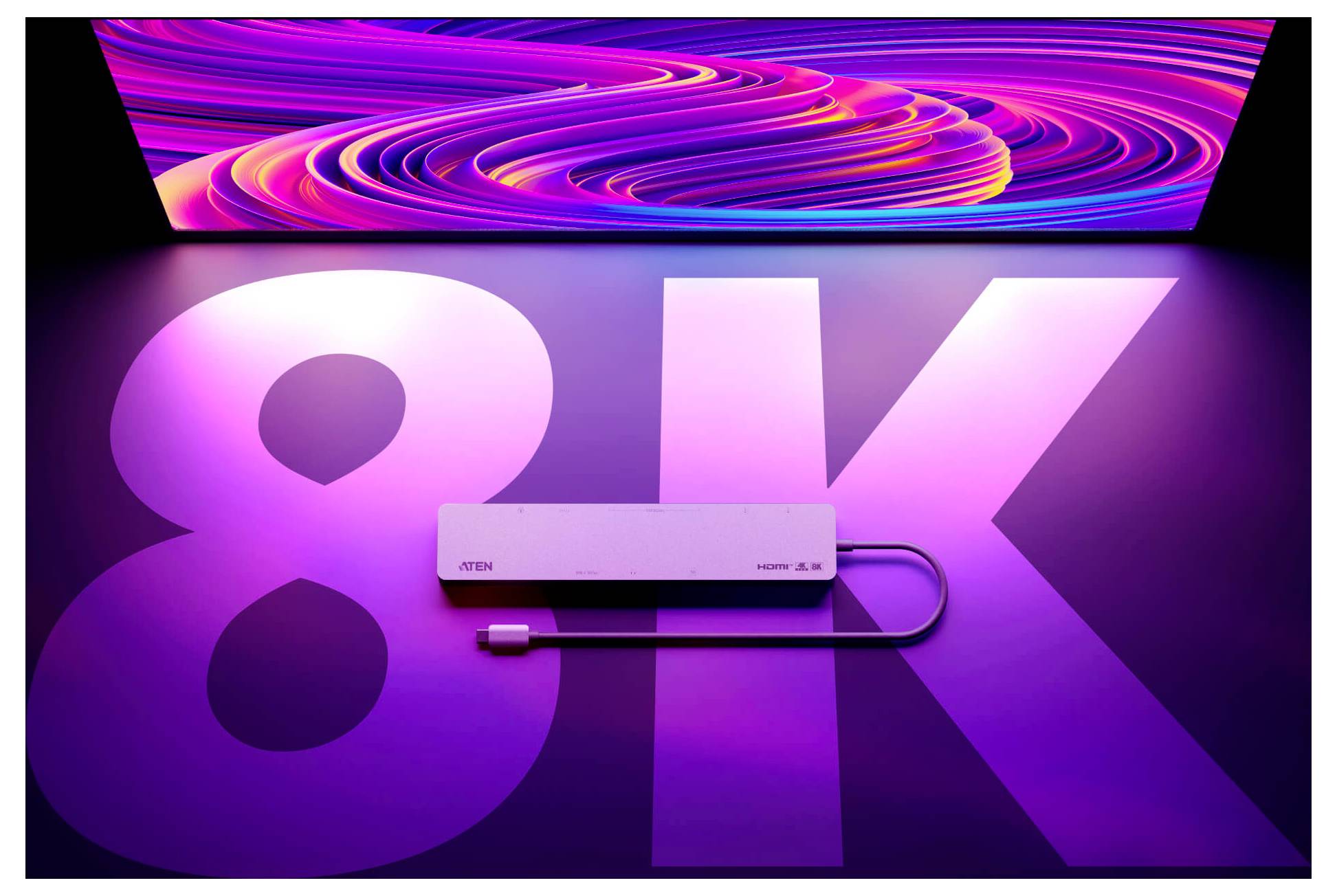 Ein 8K-Digitaldisplay mit lebhaften Wirbeln hinter einem schlanken Mediengerät, das über dem großen 