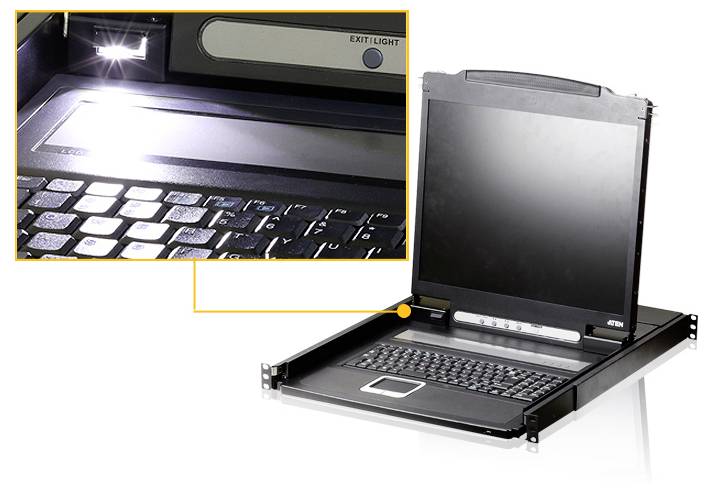 Eine Rack-Konsole mit einem Breitbildmonitor und integrierter Tastatur, die für das Server-Management in Rechenzentren entwickelt wurde.