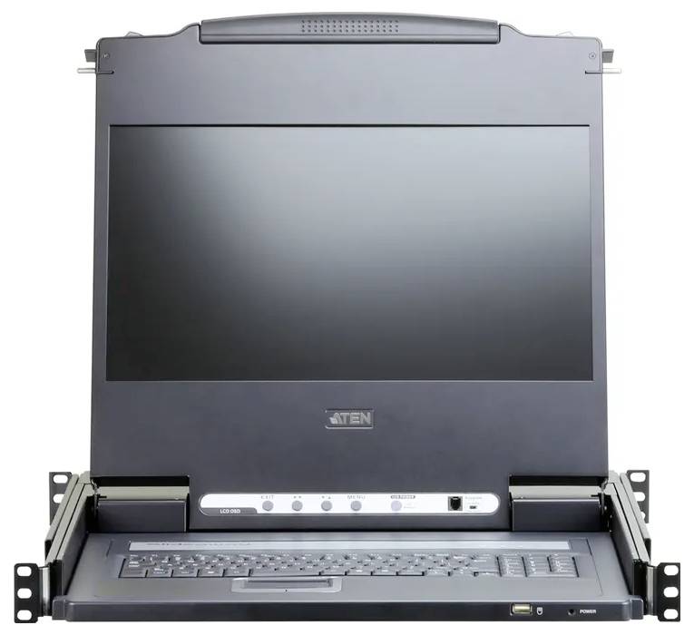 Eine offene, in ein Gestell eingebaute Computerkonsole mit einer Tastaturablage und einem Monitor, die typischerweise in Rechenzentren zur Serververwaltung verwendet wird.