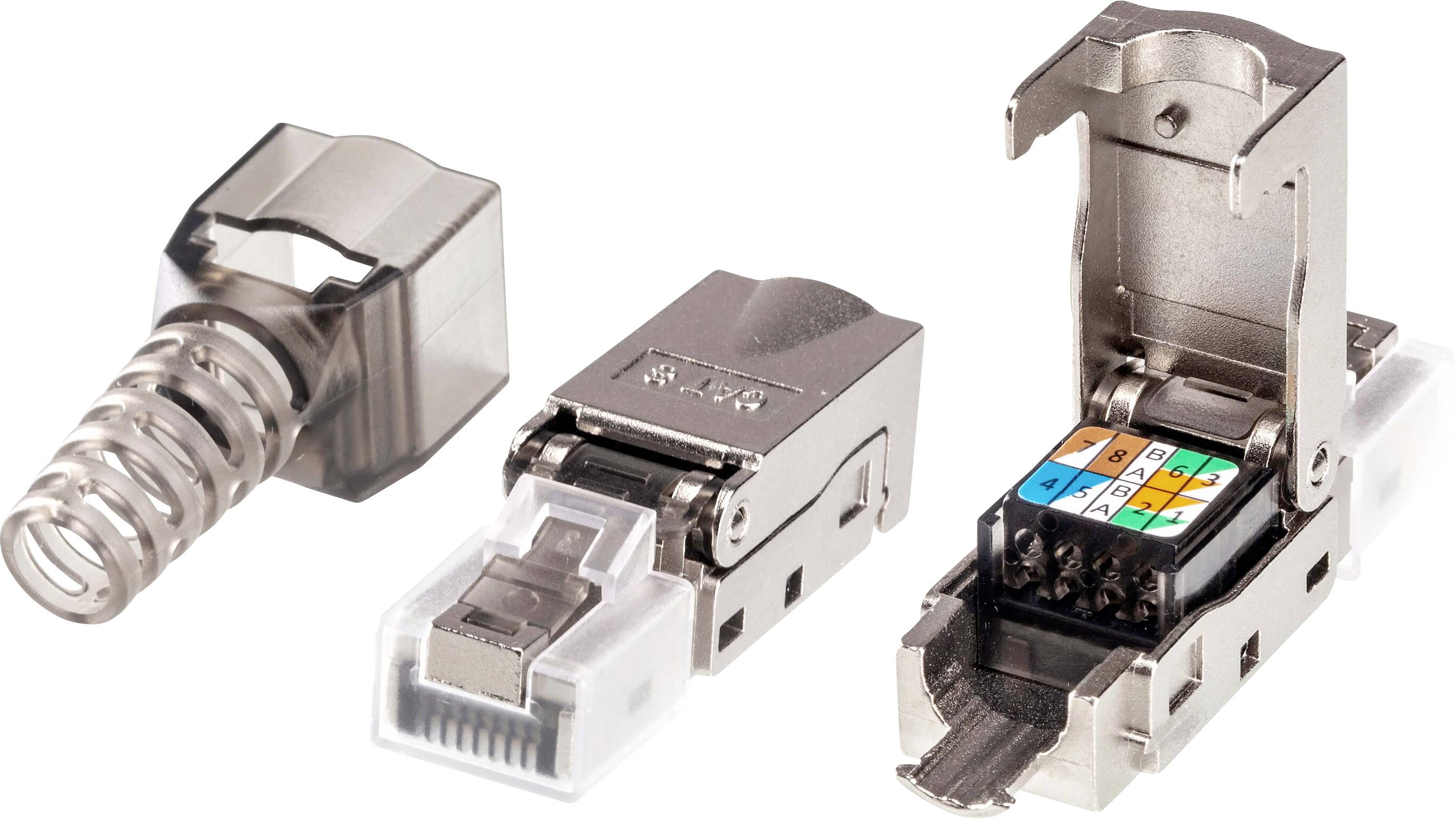 Drei RJ45-Steckverbinderteile für Ethernet-Kabel: links zeigt die Ferrule mit Feder, in der Mitte befindet sich die Steckerkappe, und rechts ist ein offener Stecker mit Verdrahtungsdiagramm zu sehen.