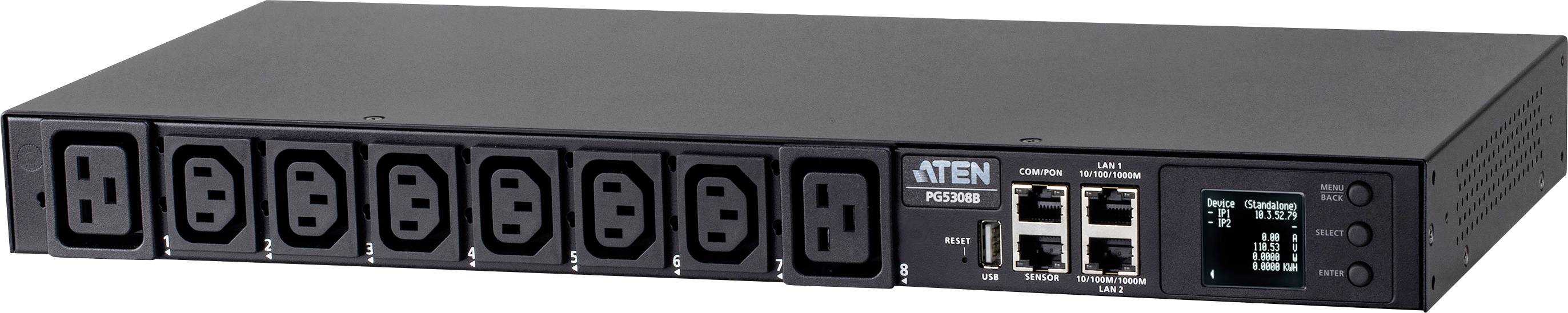 Ein schwarzes ATEN Stromverteilungsgerät (PDU) mit mehreren Steckdosen, Ethernet-Anschlüssen und einem kleinen digitalen Display zur Verwaltung des Stromverbrauchs.