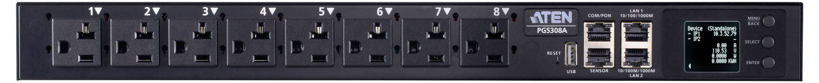 Eine schwarze ATEN PDU Stromverteilungseinheit mit mehreren Steckdosen und einem kleinen Bildschirm, der Stromverbrauchsinformationen anzeigt.