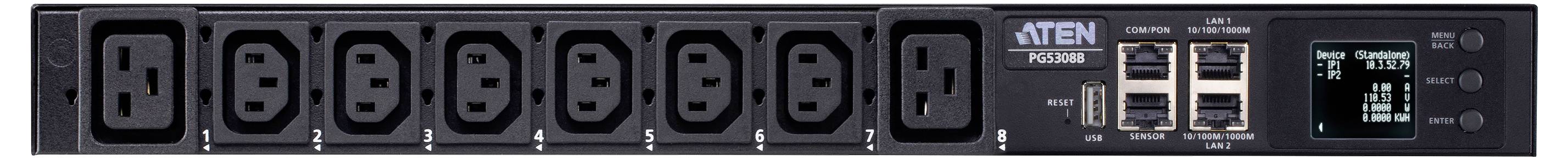 Eine Rack-mountable Stromverteilungseinheit mit acht Steckdosen und einem LCD-Display, das Stromkennzahlen anzeigt. Markenlogo und Modellname sind sichtbar.