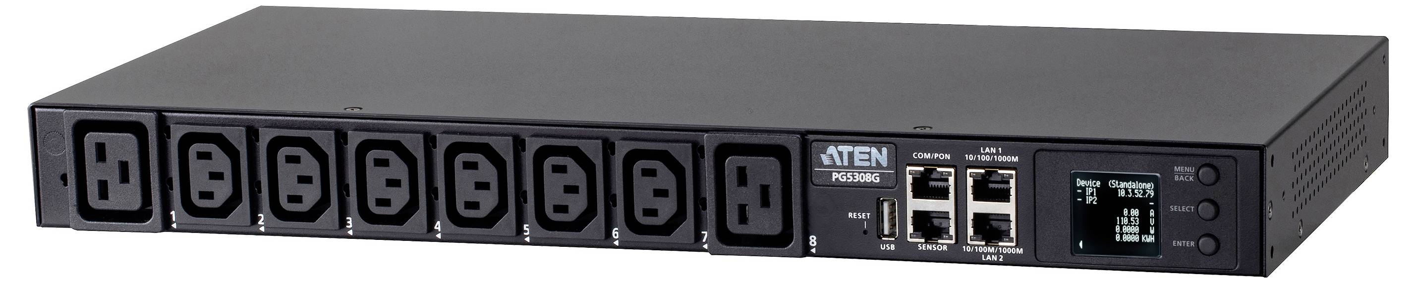 Eine Rack-mountable Stromverteilungseinheit mit acht Steckdosen, einer digitalen Anzeige, Netzwerkanschlüssen und der Beschriftung 'ATEN PE8108' auf der Vorderseite.