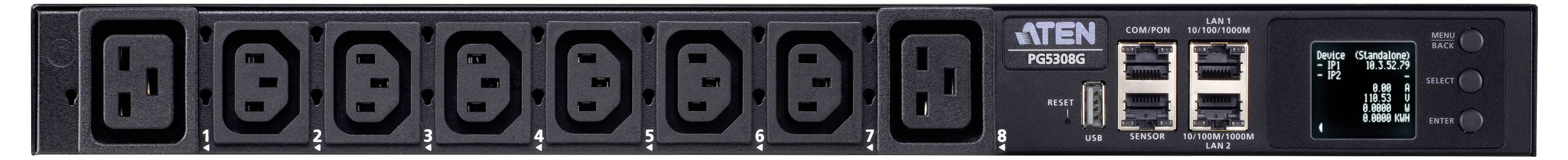 ATE N PE8108G Stromverteilungseinheit mit acht Steckdosen, Ethernet-Anschlüssen und digitalem Display zur Anzeige des Stromstatus und der Einstellungen.