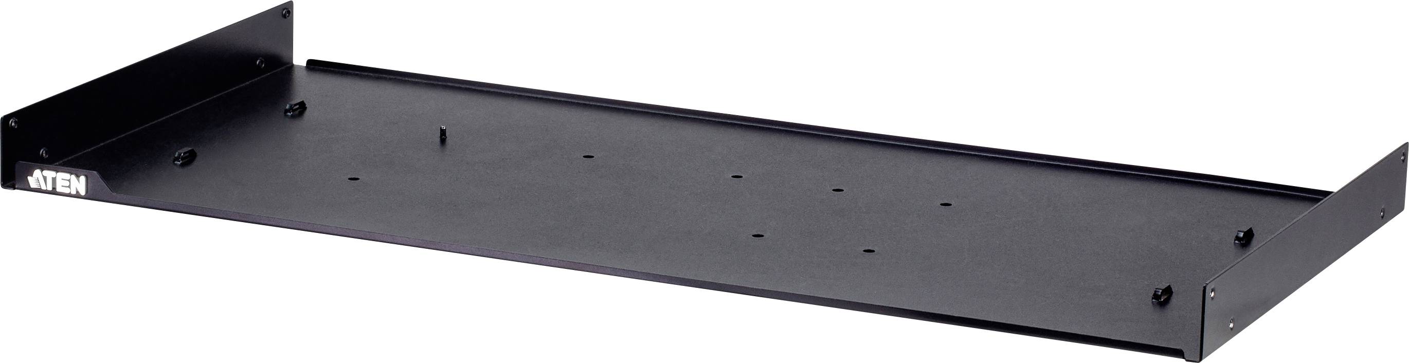Ein schwarzes Metallregal, das entwickelt wurde, um elektronische Komponenten zu tragen, mit einer flachen Basis mit Befestigungslöchern und erhöhten Kanten an beiden Seiten.