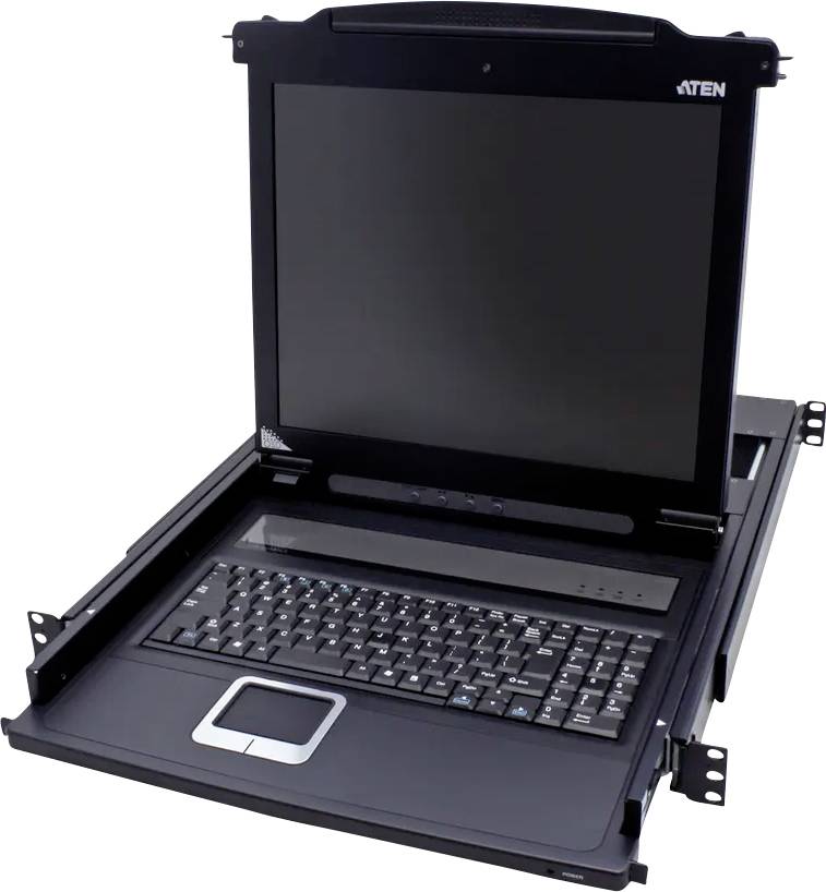 Eine mobile Rack-Konsole mit einem flachen LCD-Bildschirm und integrierter Tastatur, die zur Steuerung von Serversystemen in Rechenzentren entwickelt wurde.