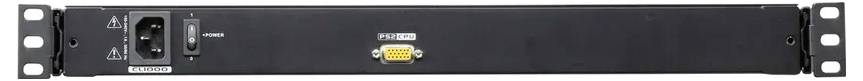 Eine Frontansicht eines schwarzen Rack-Mount-Geräts mit einem Netzschalter, AC-Eingang und einem LAN-Anschluss mit der Beschriftung 