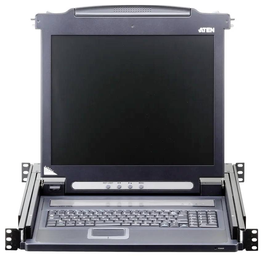 Eine einzelne, in einem Rack montierte Konsole mit einem klappbaren LCD-Bildschirm und einer Tastatur mit Touchpad, entwickelt zur Verwaltung von Servergestellen.