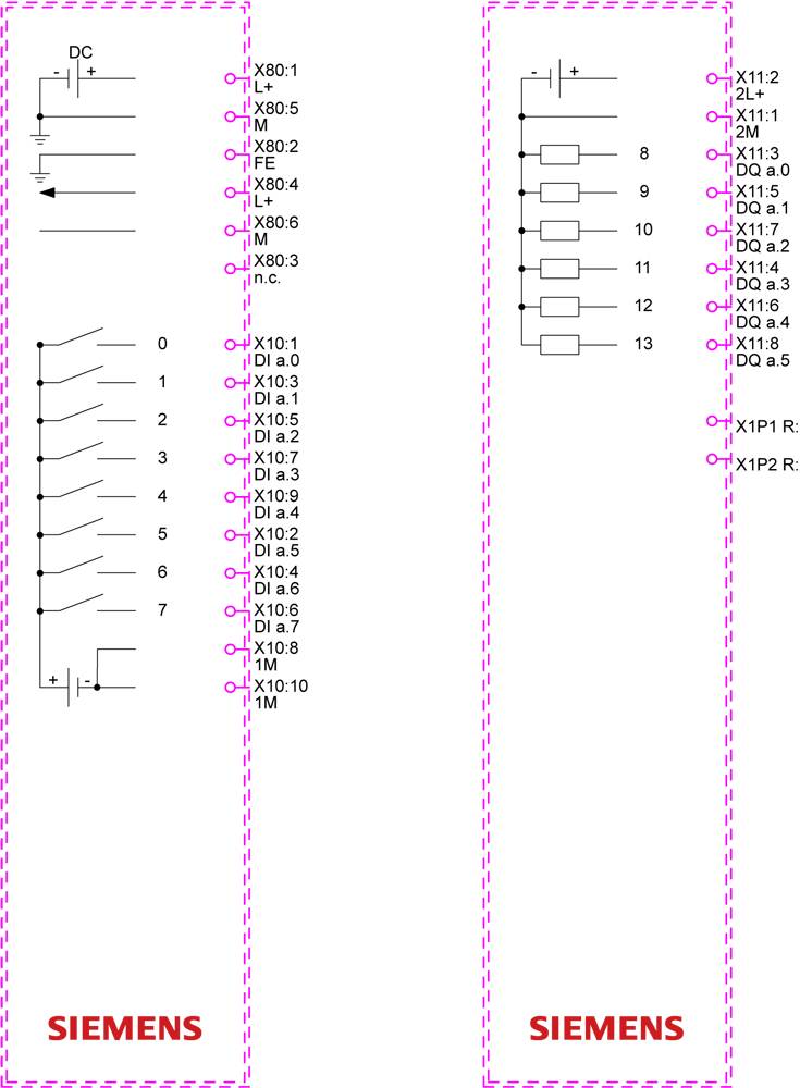 Elektrisches Schaltdiagramm von 'Siemens' mit Verbindungen, Eingängen und Ausgängen. Enthält beschriftete Anschlüsse X80.1 bis X80.8 und X11.1 bis X11.6.