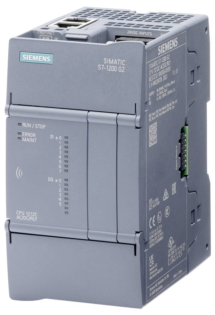Siemens SIMATIC S7-1200 G2 CPU-Einheit, grau, mit mehreren Anschlüssen und Anzeigelampen für Prozesse wie Betrieb/Stopp, Fehler, Wartung.