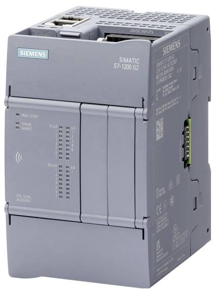 Siemens SIMATIC S7-1200 G2 Industriesteuerung mit Anschlüssen und Statusleuchten; verwendet in Automatisierungs- und Steuerungssystemen.